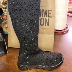 Knee High Black Rhinestone Sweater Material Sneakers